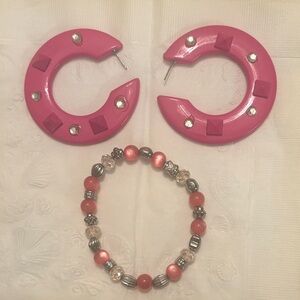 Vibrant Pink Hoop Earrings and Glass Beaded Bracelet